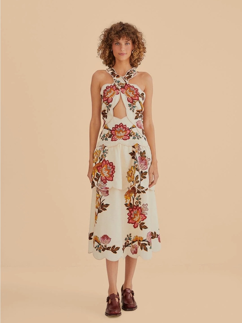Farm Rio Leopard Flowers Print Cutout Detail Linen Blend Dress in Sand XL